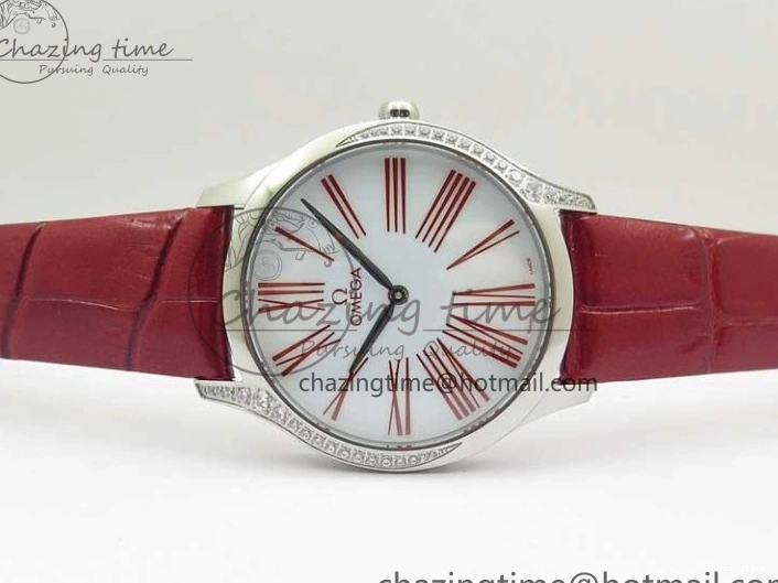 0402 Ladies’ De Ville Trésor Diamond SS 3AF 1:1 Best Edition White Dial On Red Leather Strap Swiss Quartz Snug 7885